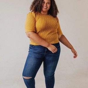 Yellow Puff Sleeve Polkadot Short Sleeve Knit Lightweight Sweater Size xL